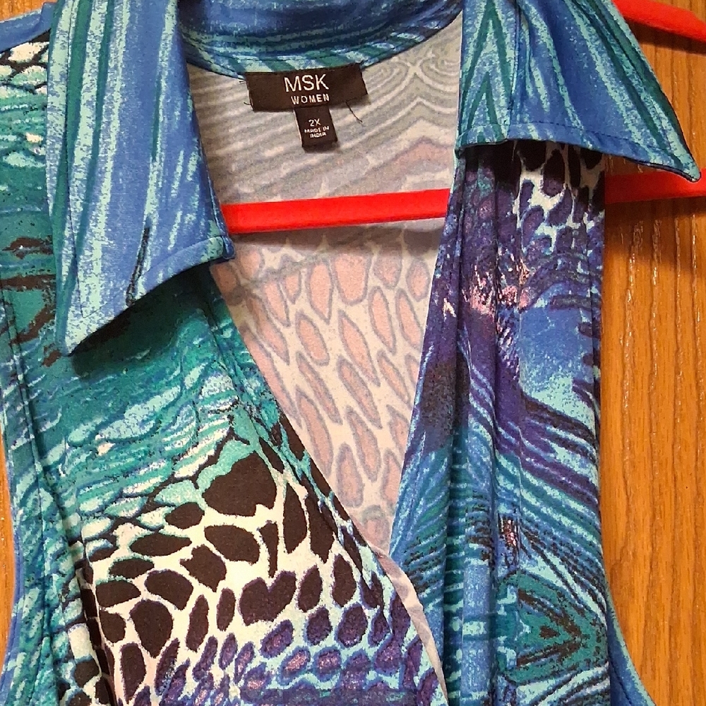 MSK Blue & Teal Abstract Animal Print Sleeveless Dress Faux Wrao
